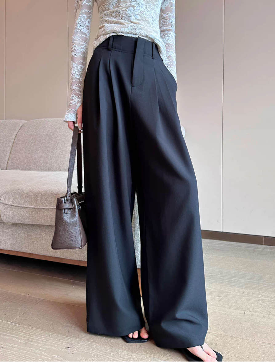 Thumbnail: High waisted black poly rayon pleated straight pants