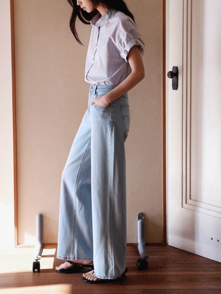 Light blue acid washed high waisted denim pants 4