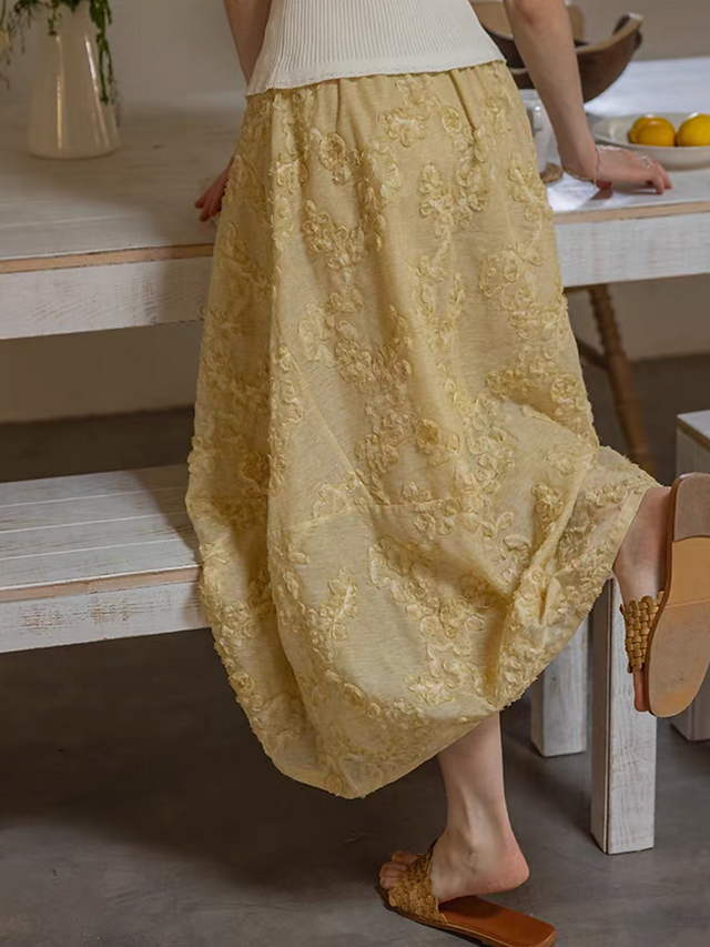 Embossed floral mustard yellow drawstring elasticated tencel linen skirt 9