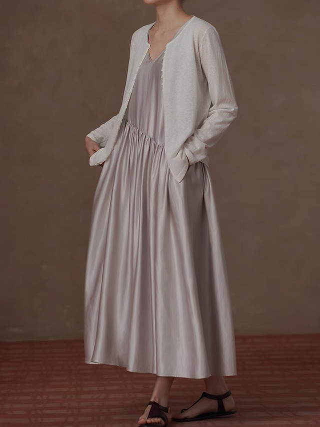 Greyish champagne color V neck tiered poly satin maxi sleeveless dress 4