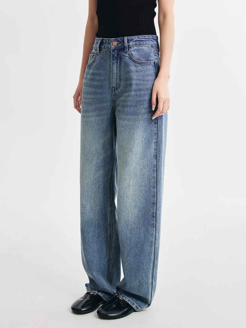 Acid washed tapered retro blue denim pants 1