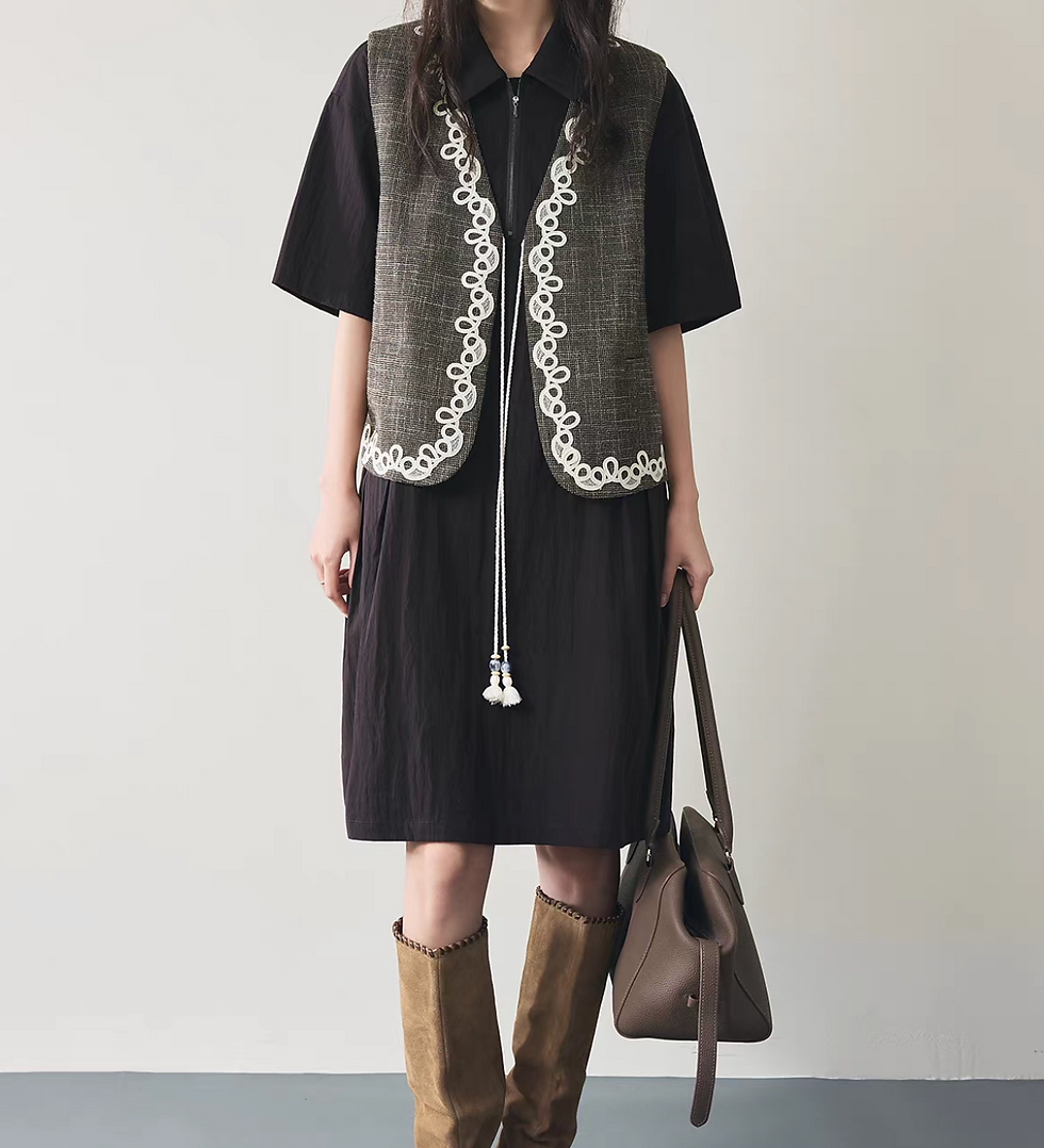 Thumbnail: V neck embroidered trim tassels mocha pure cotton checker vest