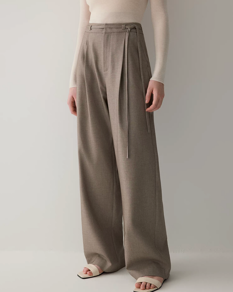 Thumbnail: Khaki beige belted high waisted pleated tencel wool rayon pants