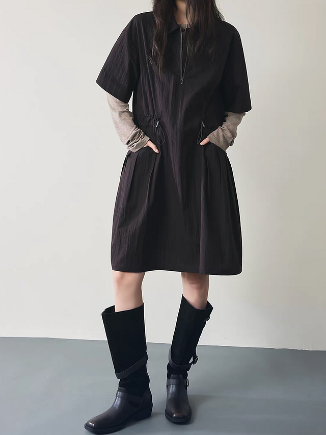 Black zipper cotton poly side drawstring pocket dress 2