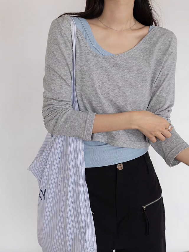 Asymmetric collar longsleeved vest + top set 6