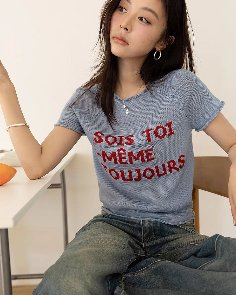 Thumbnail: Linen lyocell rayon intarsia knitted French typography rolled trim top