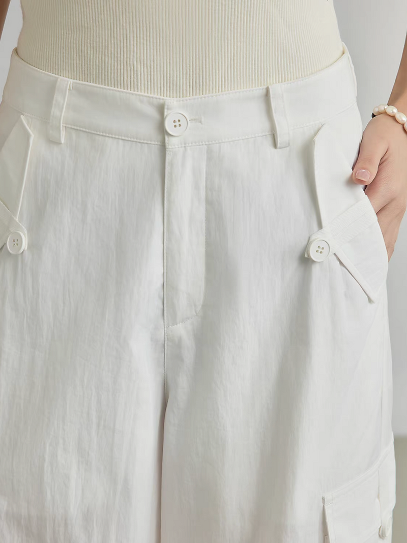 Ivory folded pockets cotton rayon cargo straight pants 5