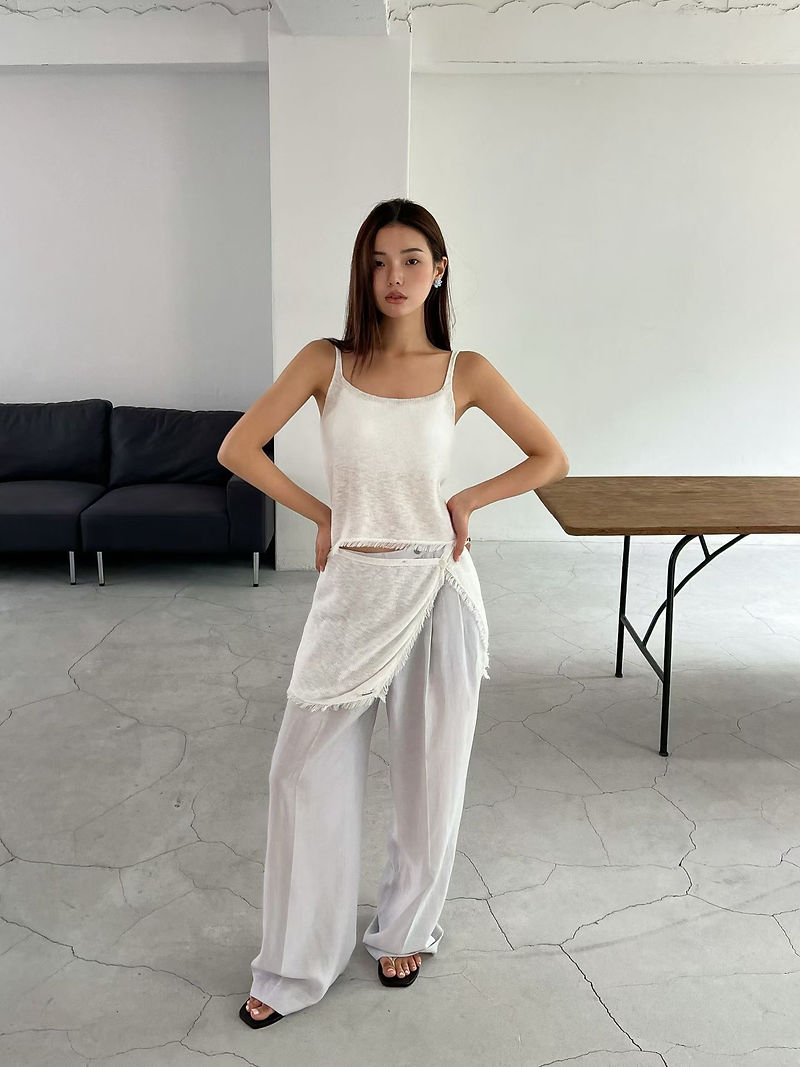 Frills trim cotton nylon stretchy knitted camisole + scarf/skirt set 6