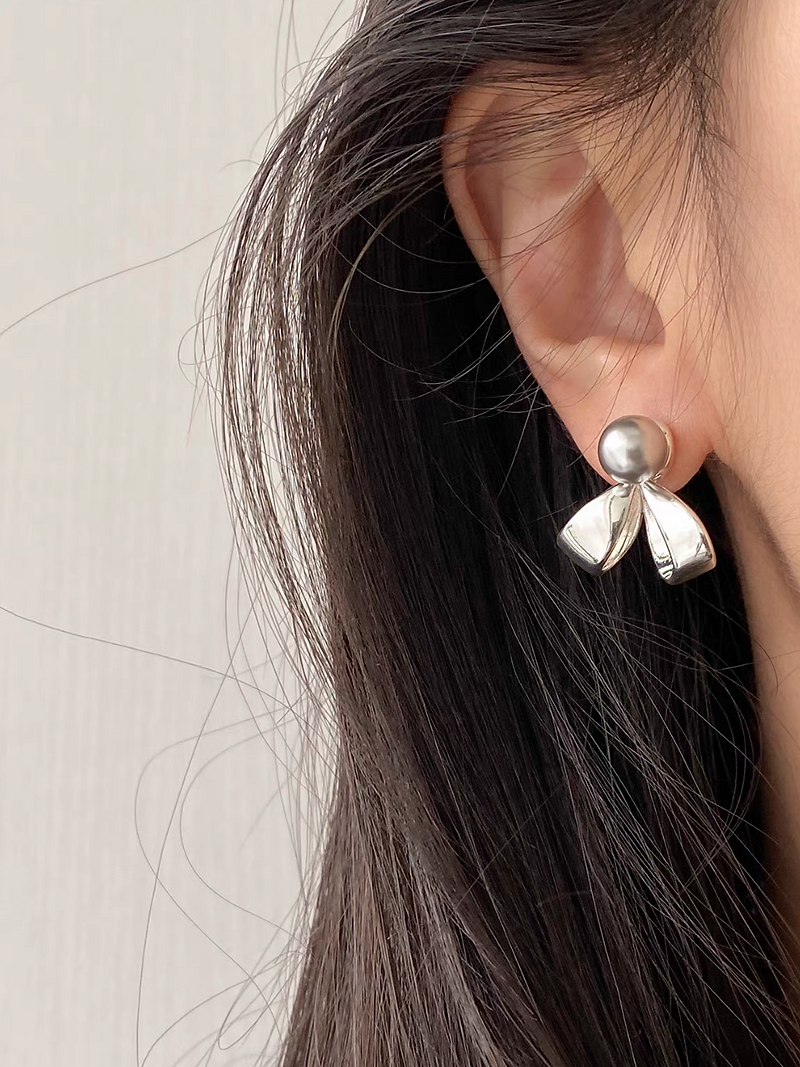 925 Silver grey alloy plastic pearls bow earrings 6