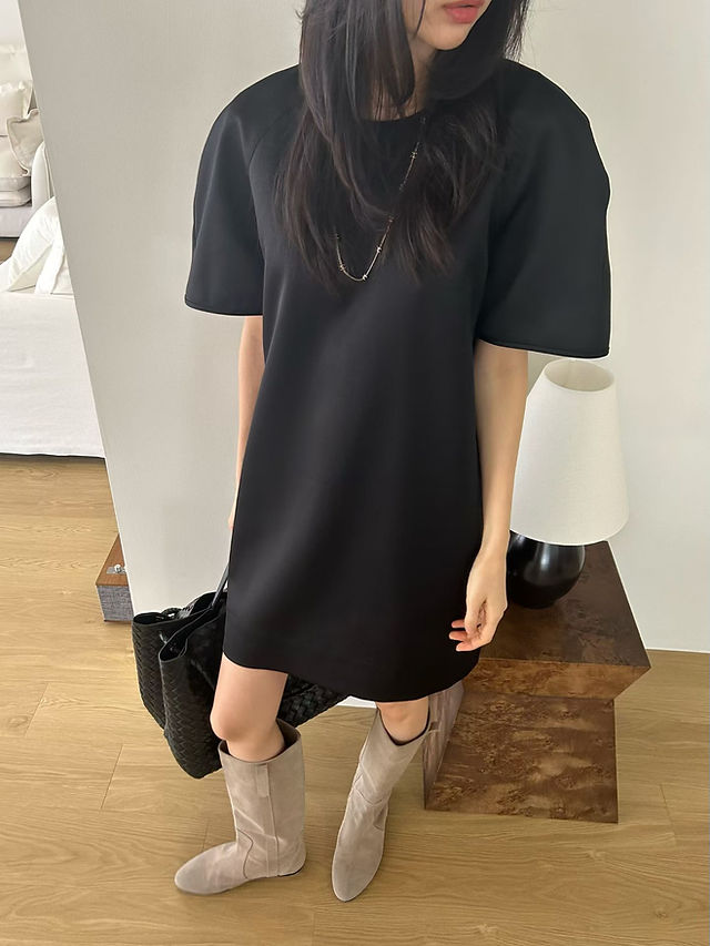 Puff sleeves cotton rayon minimal contour midi dress / one piece 5