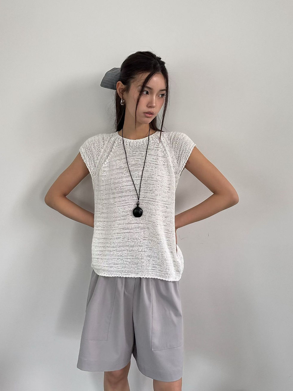 Thumbnail: Flutter sleeves nylon knitted top 