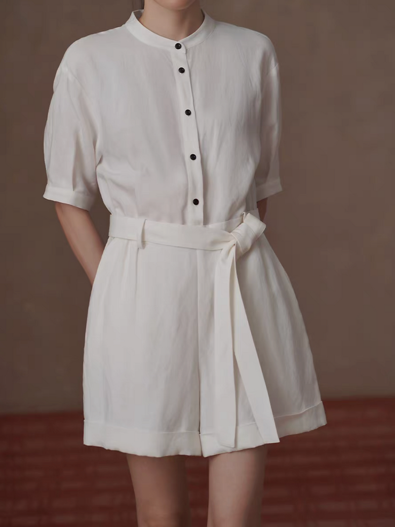 Crewneck buttoned belted back elasticated white linen lyocell romper 8