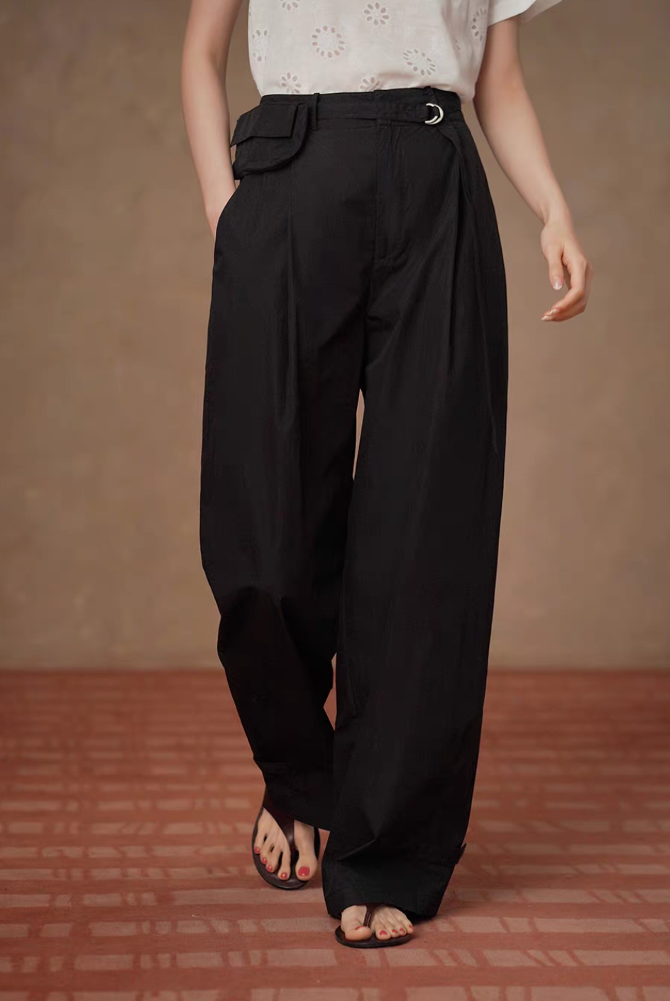 Thumbnail: Belted black high waisted pleated straight cotton rayon pants