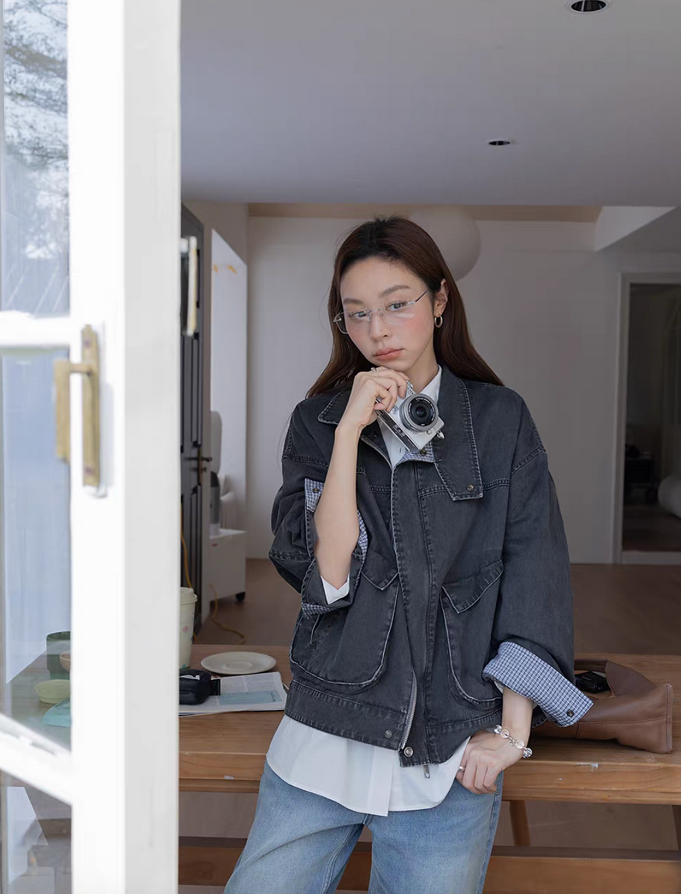 Thumbnail: Charcoal checker fabric lined denim two way jacket