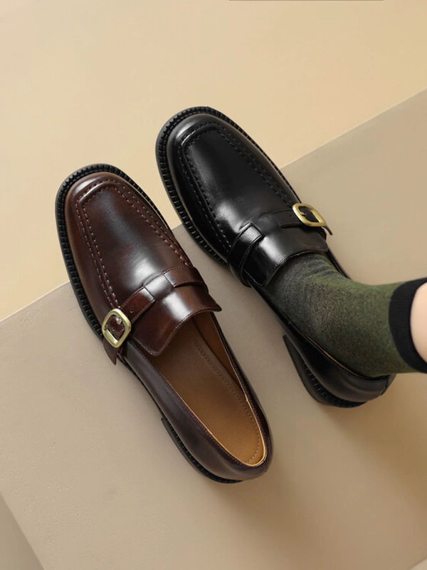 Calf leather strap side buckle loafers