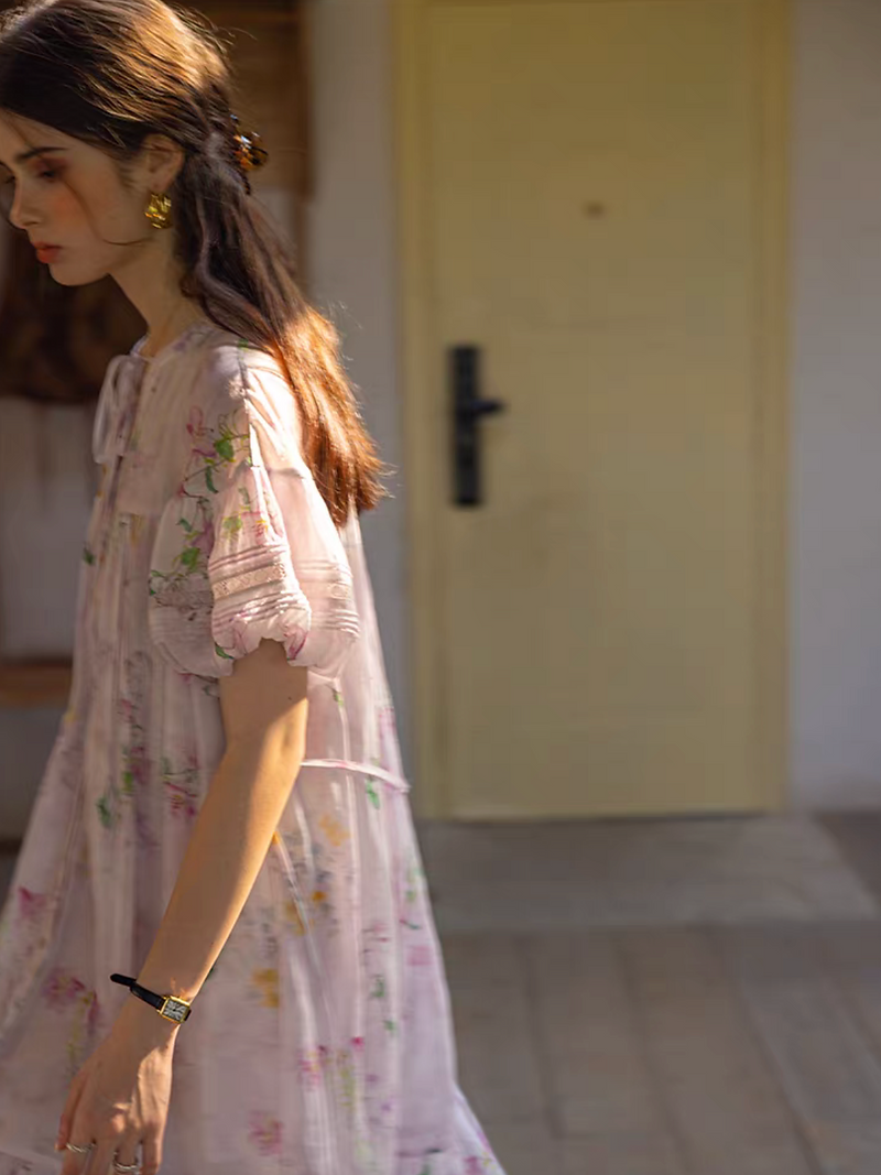 Puff sleeves tencel silk belted botanical floral midi dress 8