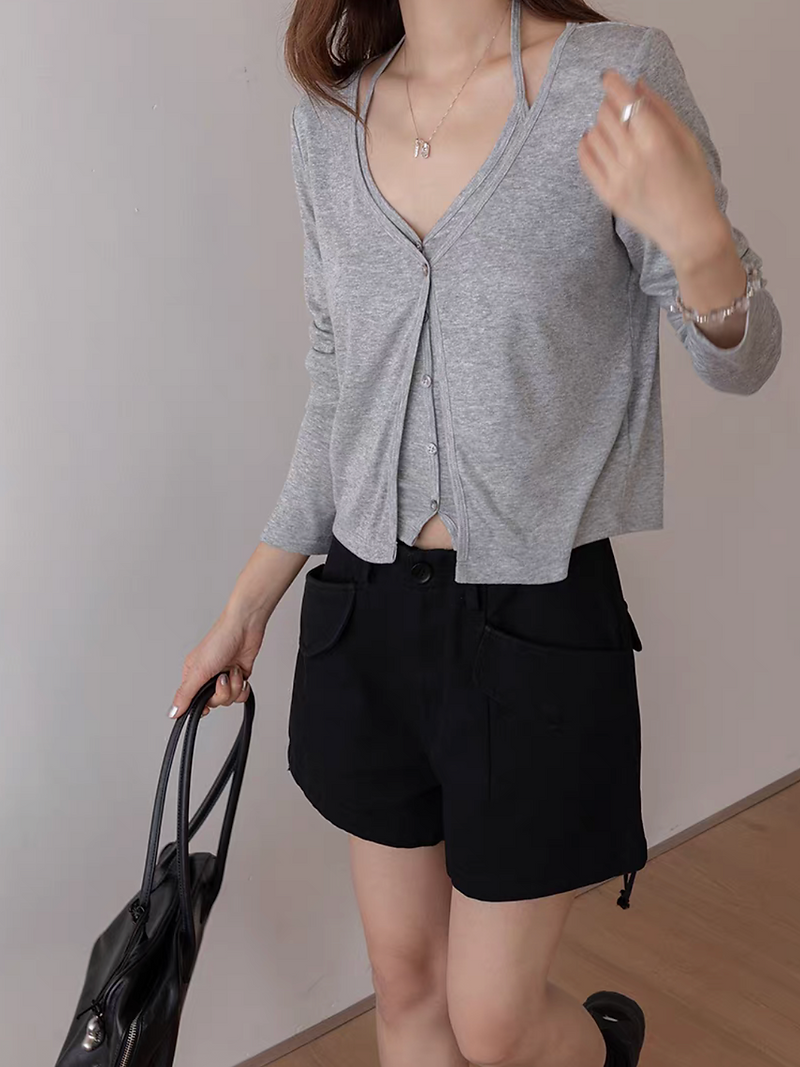 High waisted cotton cargo denim shorts 8