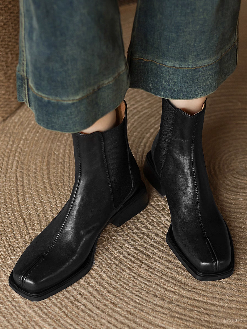 Calf leather front stitched trim square toe ankle boots 3