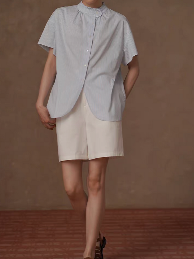 Ruffle striped pastel blue cotton blouse 4