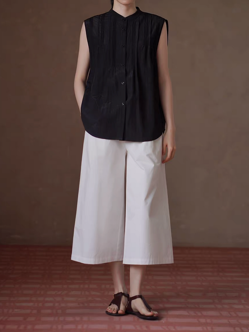 Black pleated poly rayonn crewneck side slit vest 4