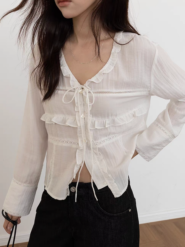 Ruffles laced trim drawstring cotton rayon lyocell blouse 7