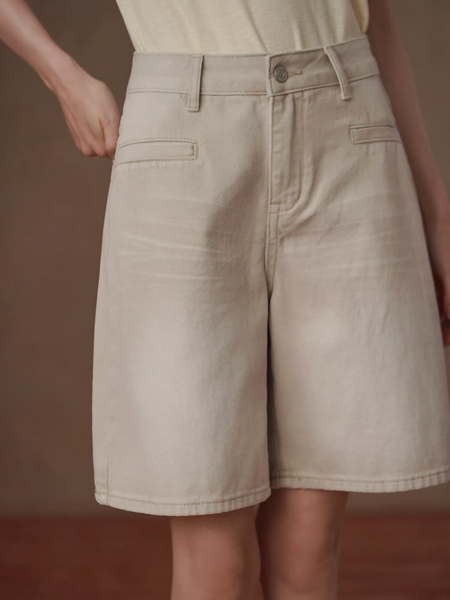 High rise acid washed beige denim shorts 3