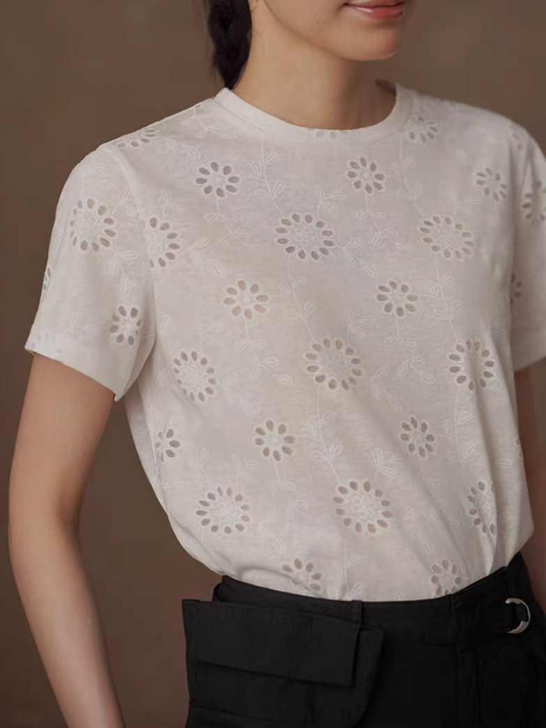 Crewneck crochet floral patterned pure cotton white tee 4