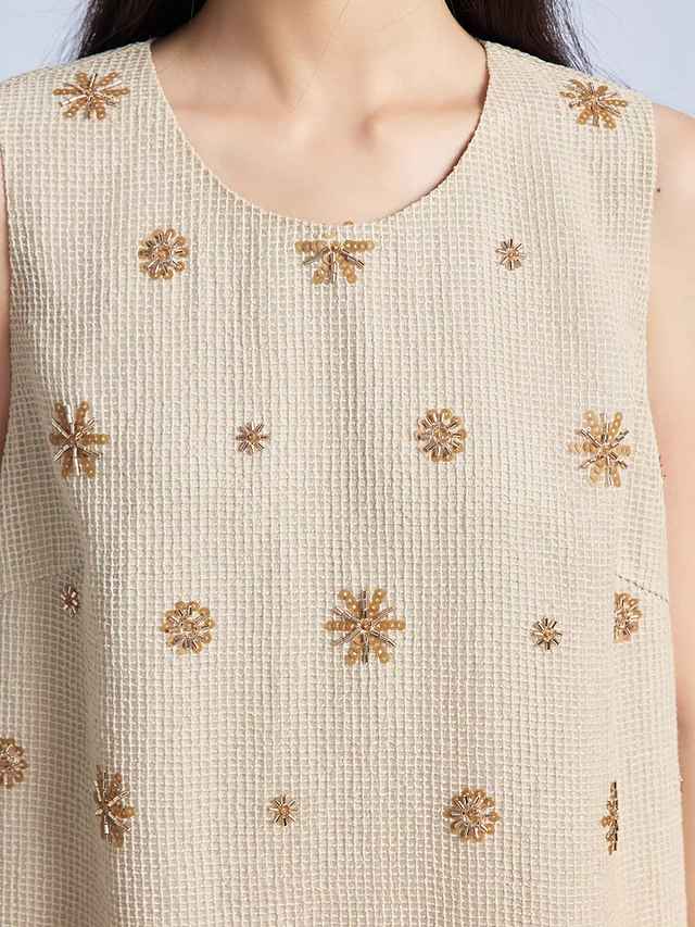 Beige cotton poly embroidered sequins beads lace trim sleeveless dress 3