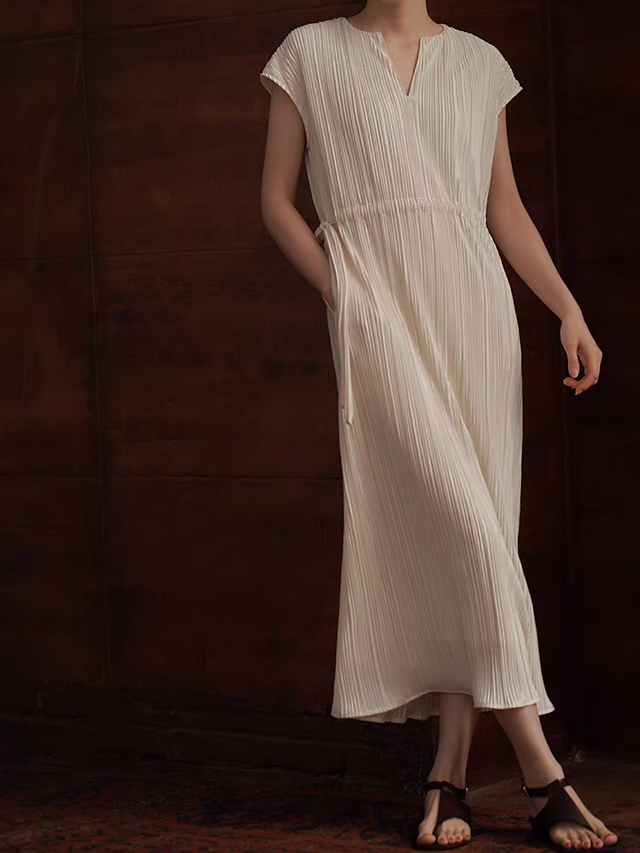 Ivory ribbed waist drawstring poly rayon midi dress 10
