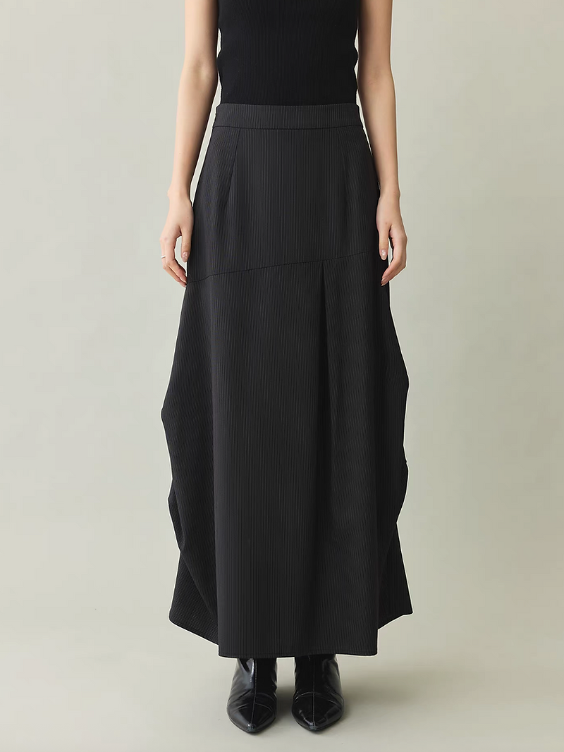 High waisted elastciated geometric charcoal poly rayon skirt 1