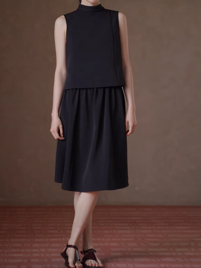 Black standing foldedcollar poly rayon vest + elasticated skirt 2 pieces set 5