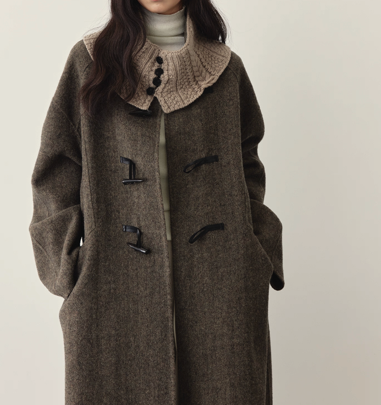 Handmade crochet wool collar docking khak beige horn buttoned 80%alpaca overcoat