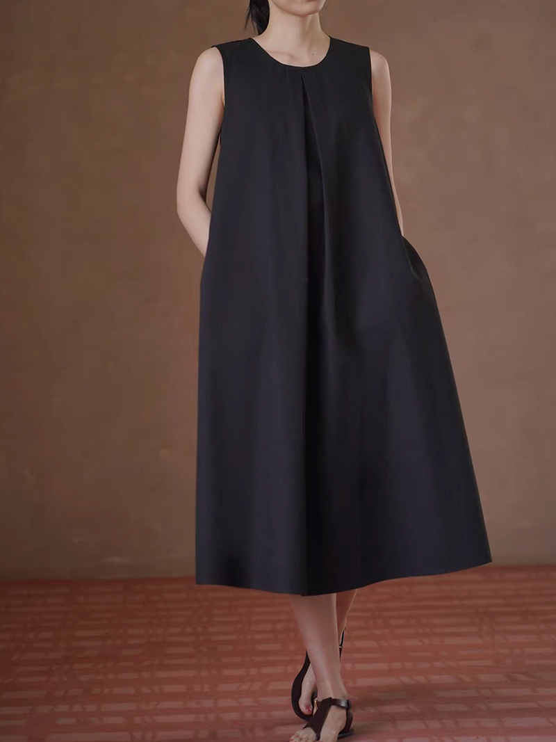 Black front pleats belted two way side pockets cotton A line sleeveless dress 4