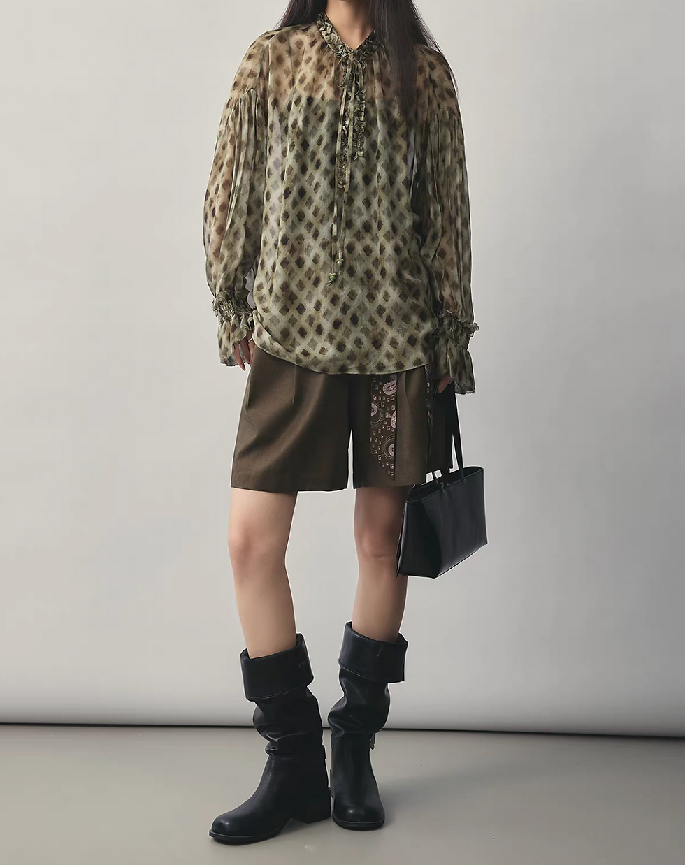Thumbnail: Patterned silky belt included high waisted mocha pleated shorts