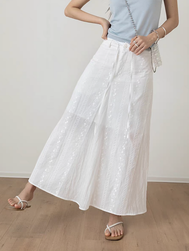 High waisted embroidered ivory drawstring A line cotton pleated skirt 5