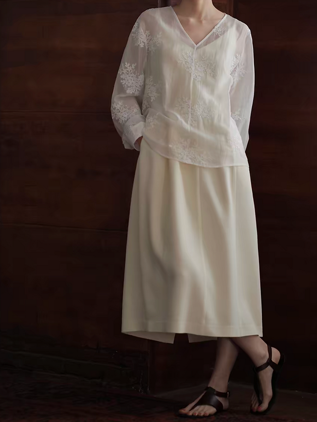 Sheer white floral embossed lyocell linen poly blouse 4