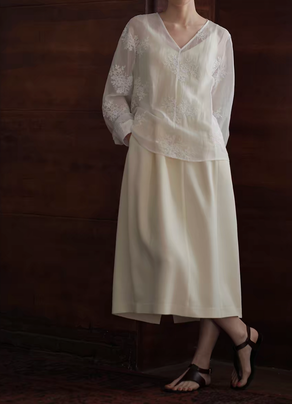 Thumbnail: Sheer white floral embossed lyocell linen poly blouse