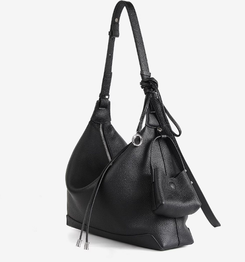 Thumbnail: Toga embossed calf leather drape shoulder + crossbody bag with  little bag charm