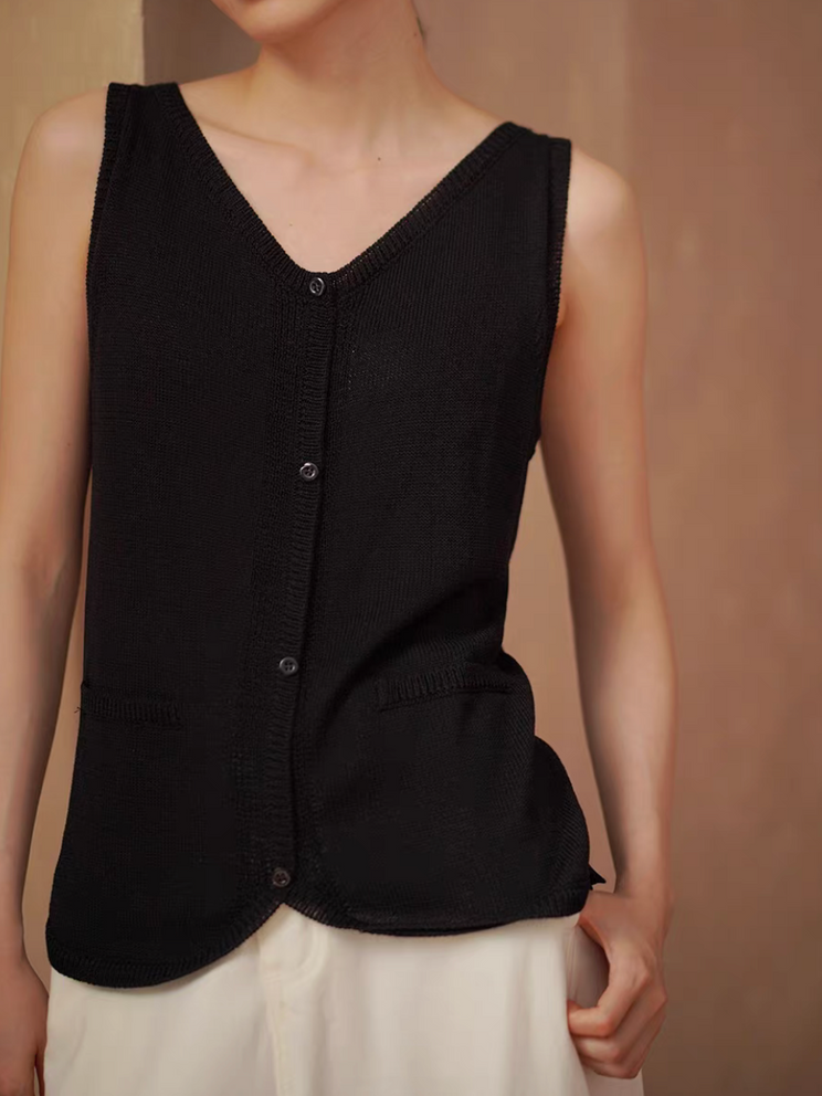 Poly acrylic knitted wavy trim black buttoned V neck vest 9