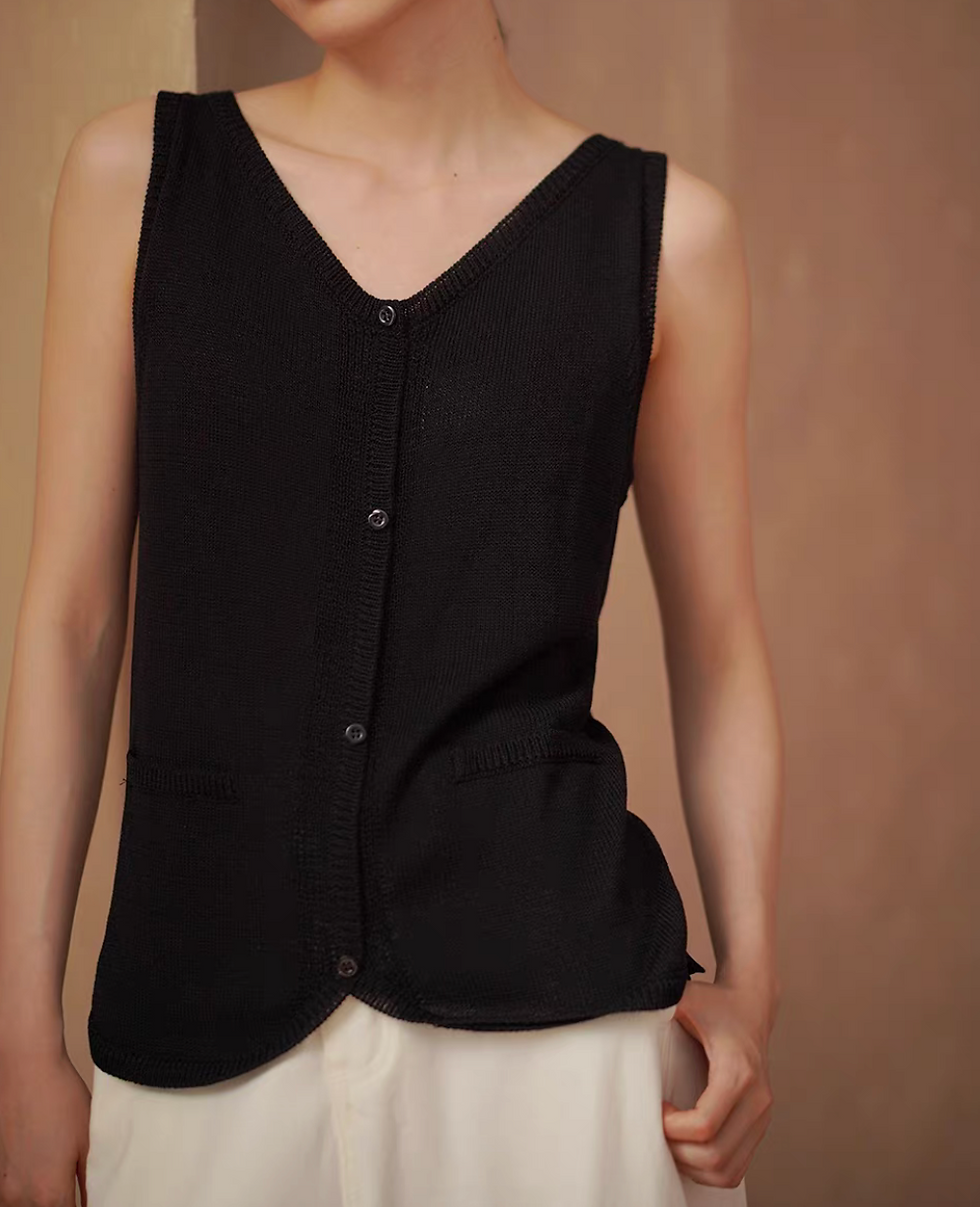 Thumbnail: Poly acrylic knitted wavy trim black buttoned V neck vest