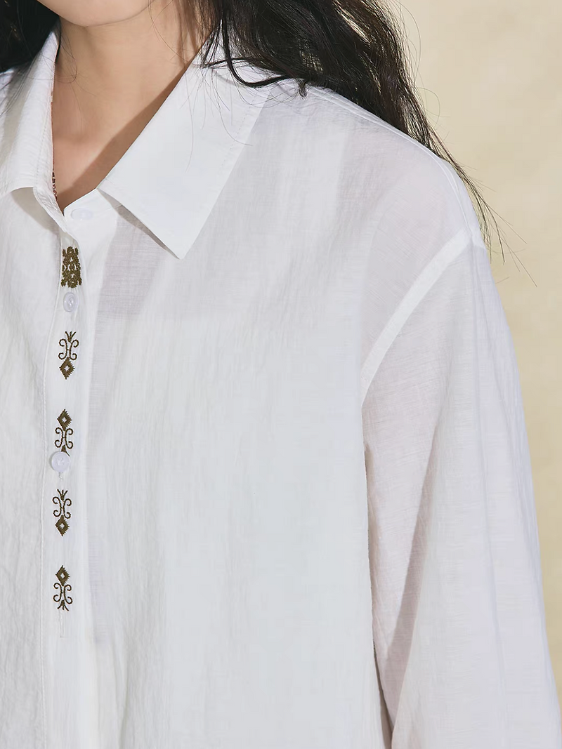 Mid length linen embroider white shirt 4