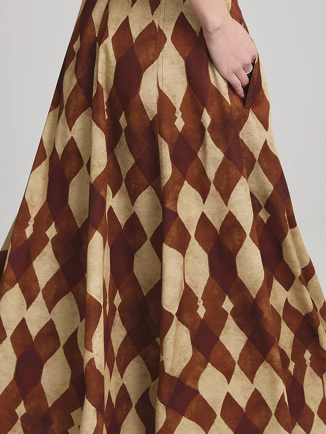 High waisted camel beige color patterned tencel rayon side pockets table skirt 11