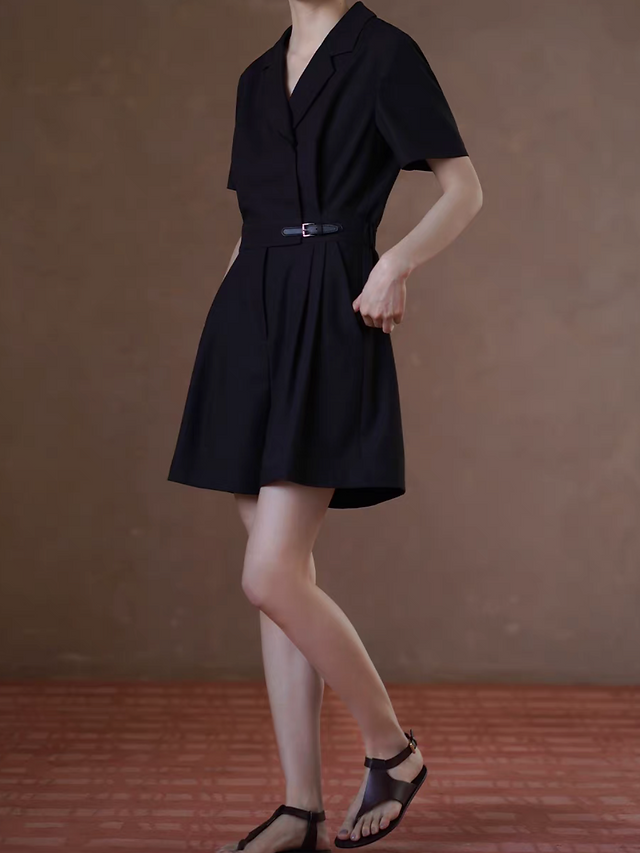 Side leather belted black poly rayon overlapping collar back elasticated romper 3