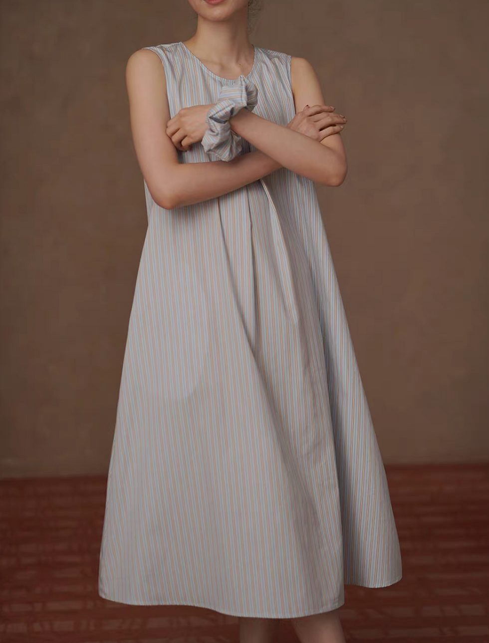 Thumbnail: Blue pink striped pleated pure cotton belted sleeveless dress + scrunchie set