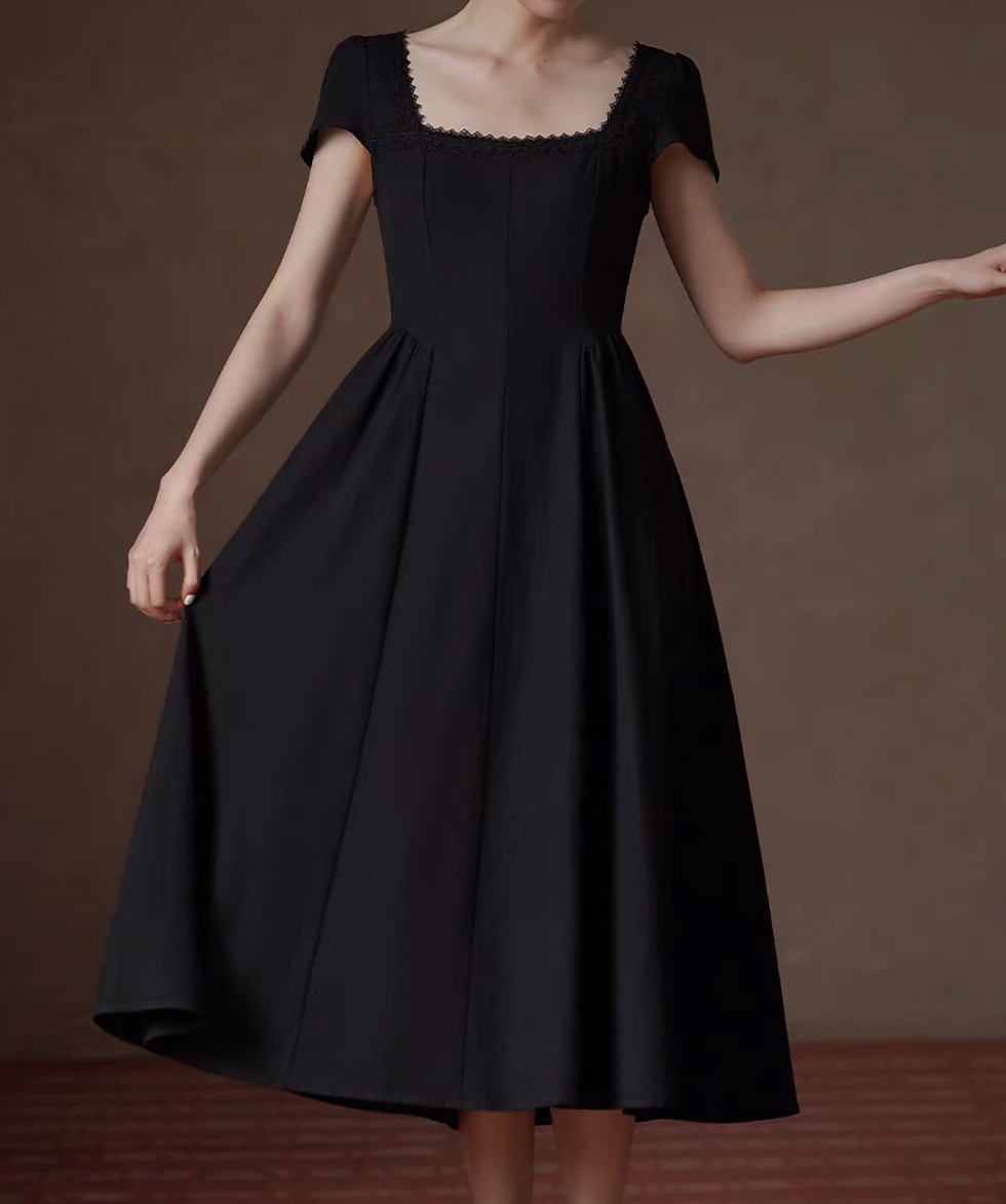 Thumbnail: Black cotton poly lace trim square neck midi dress