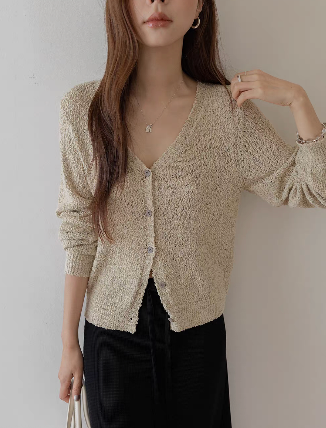 Cotton acrylic knitted detailed buttoned mixed color cardigan