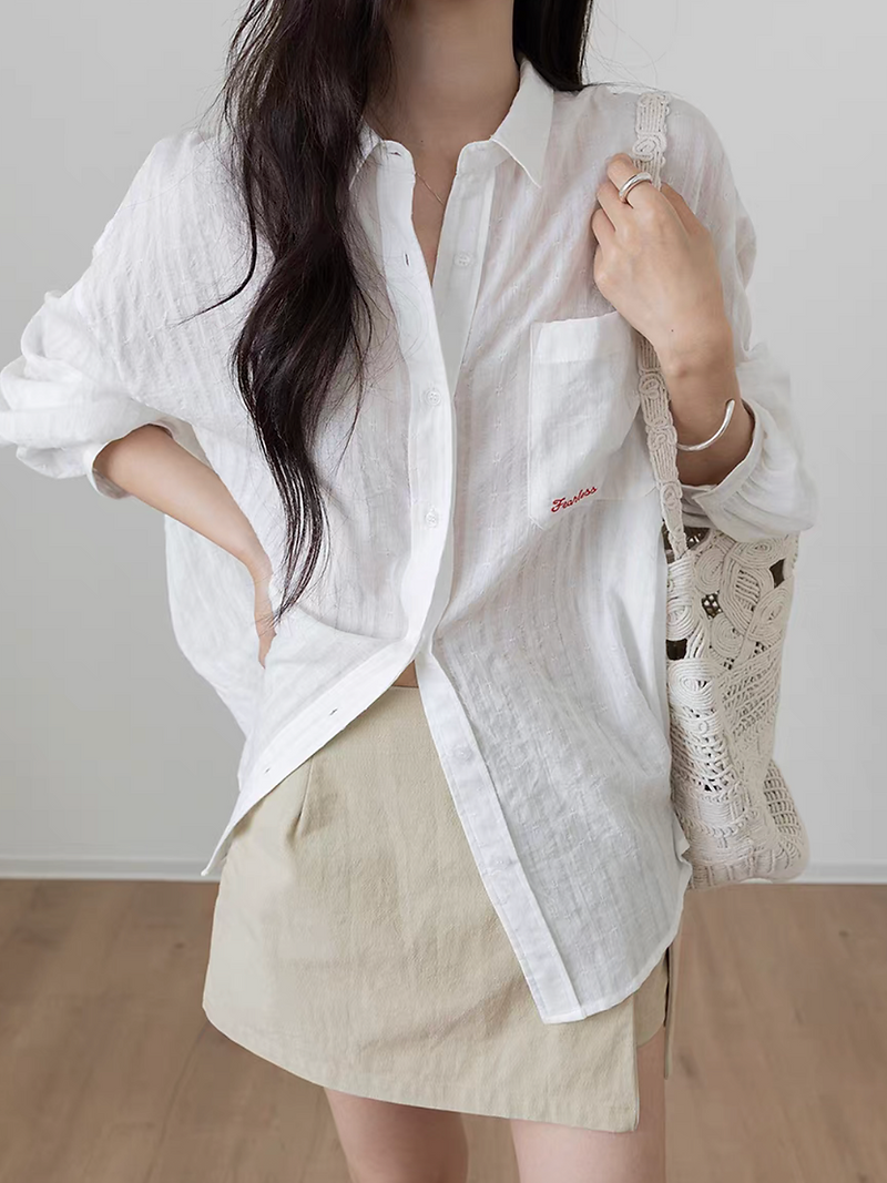 Tencel cotton partial sheer striped mid length embroidered shirt 6