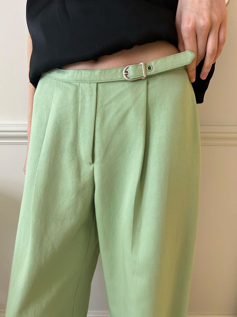 High waisted belted pleated linen rayon straight pants  10