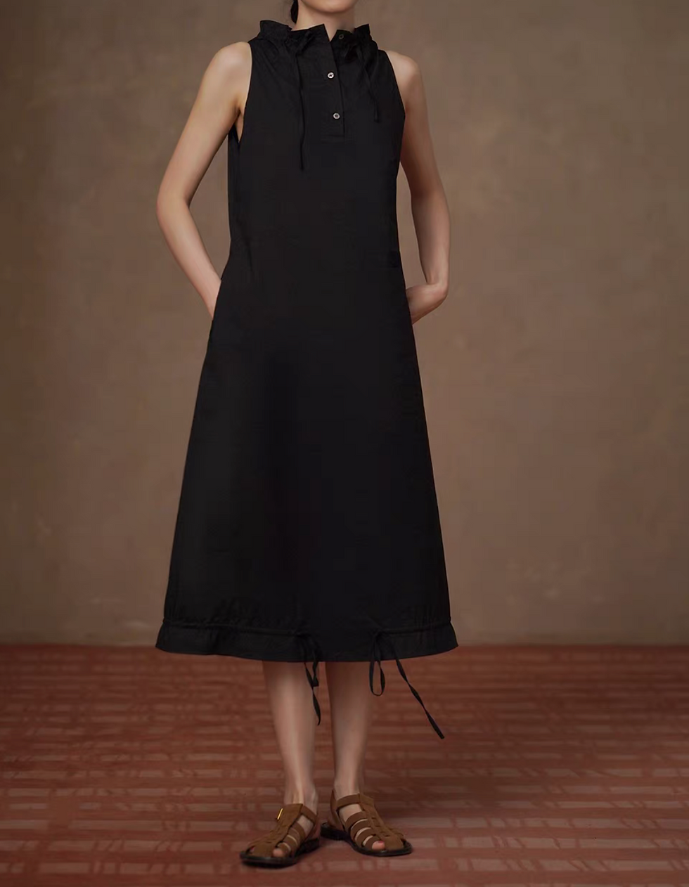 Thumbnail: Black cotton rayon standing collar drawstring sleeveless dress