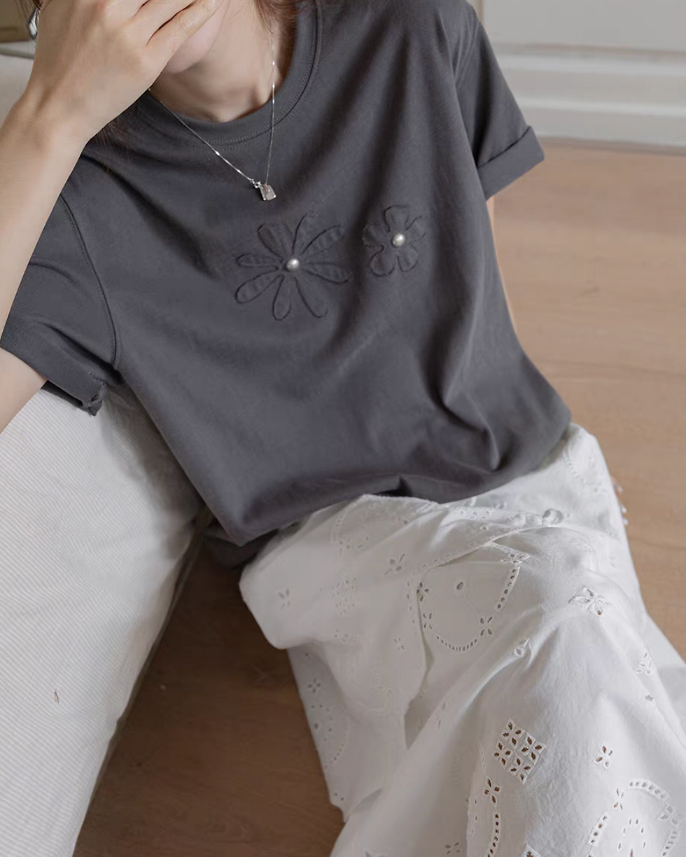 Thumbnail: Embossed floral embellished floral cotton rayon crewneck tee